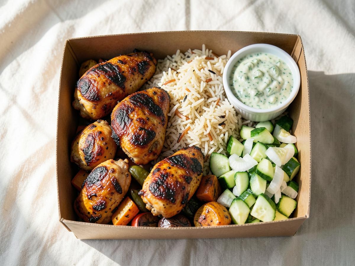 Tandoori chicken tikka protein meal box with basmati rice, roasted vegetables, cucumber salad and mint raita
