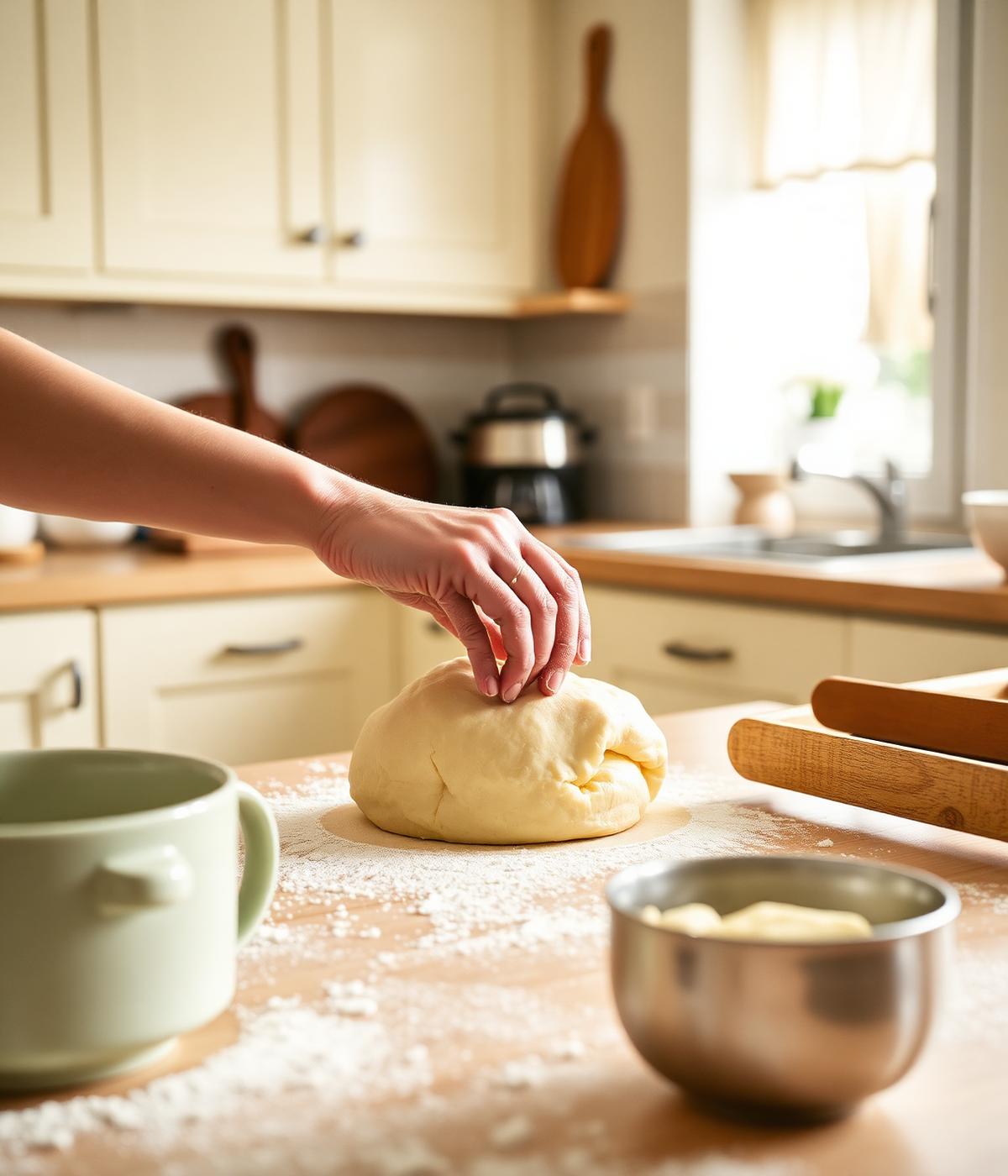 Homemade dough being prepared by hand in a warm London home kitchen