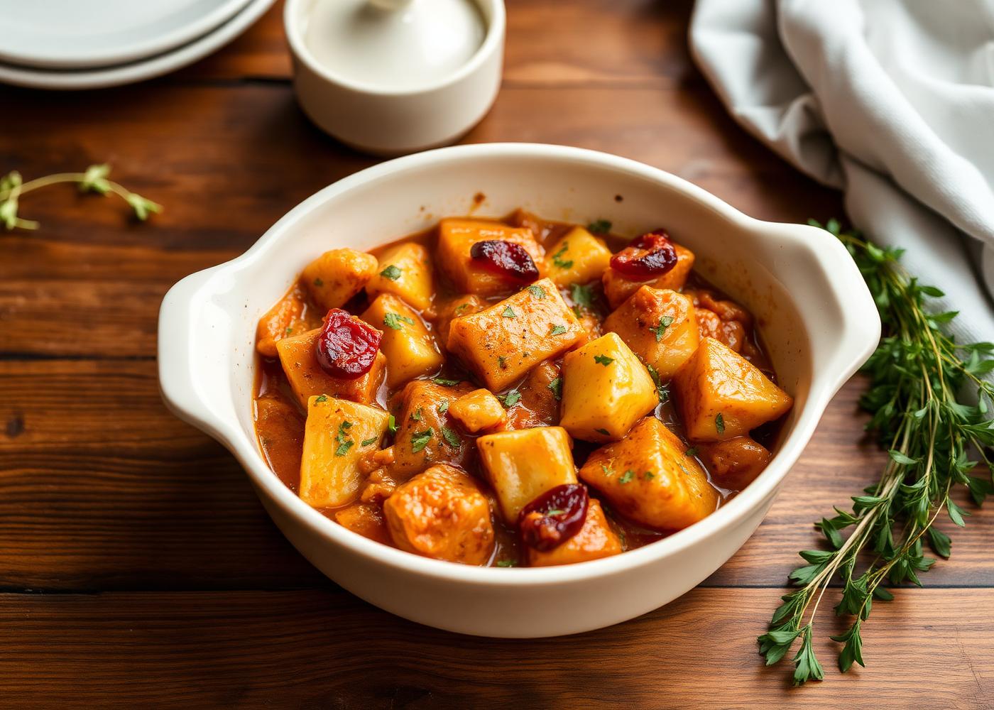 Homemade cooked meal served in a ceramic dish